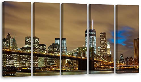 Feeby Wandbild XXL 5-teilig 150x60 cm NY Brooklyn-Brücke USA Leinwandbild Wandbild Kunst Bilder Schlafzimmer Skyline Manhattan bei Nacht New York City Beige