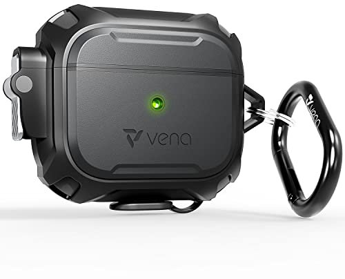 Vena vArmor Rugged Case Compatible with Apple Airpods 3 2021, (Secure Lock Mechanism) Heavy Duty Full Body Shockproof Protection Cover with Carabiner for Airpod 3rd Generation - Black/Space Gray
