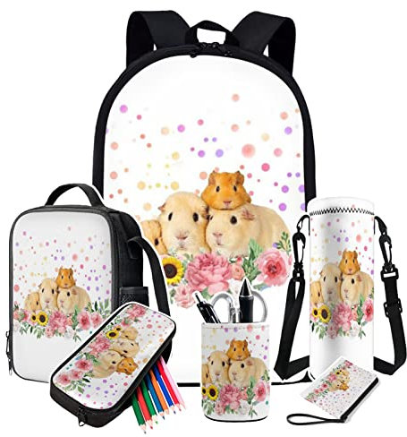 Dolyues Lot de 6 sacs d'école Galaxy Wolf - Sac à dos en forme d'animal - Housse de bouteille - Porte-monnaie - Pot à crayons, Fleur pour hamster