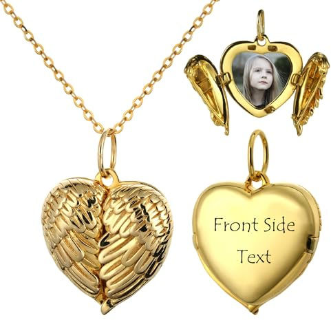 MeMeDIY Collar Foto Personalizado Medallón de Corazón Ángel Alas Colgante para Mujer Material de Plata de Ley 925 para Parejas Madre Hija (C2: Gold Angel Wings)