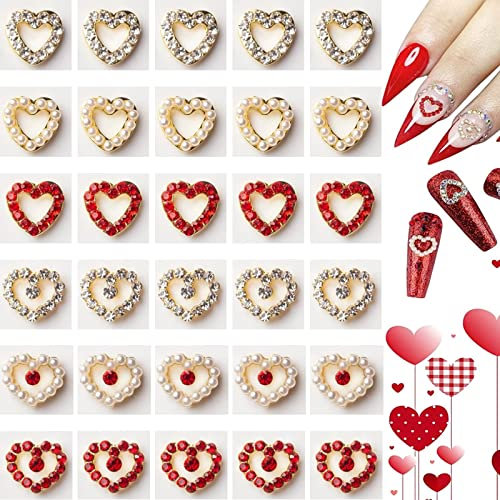 RUNRAYAY 30Pcs Colorful Love Nail Rhinestones Charms, 3D Shiny Heart Shape Nail Art Alloy Diamond Crystal Nail Ornament Gems for Girls Valentine'S Day DIY Crafts Decoration Supplies (6 Styles)