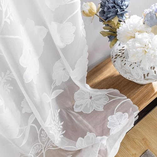 Treatmentex Cortinas Blanco Traslúsidas Florales de Encaje de Visillos Sala para Ventana de Dormitorio, Moderno Decorativos Suaves, con 8 Ojales 2 Piezas, Blanca,140X260CM