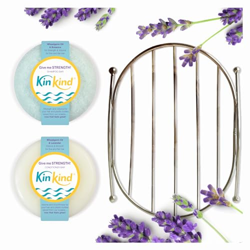 KinKind Geben Sie mir Stärke! Shampoo-Bar- und Conditioner-Starter-Set mit Seifenschale, Volumen für feines und flaches Haar, Rosmarinöl und Weizenkeimöl, vegan, hergestellt in Großbritannien.