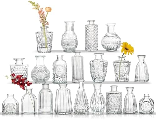 Oairse Lot de 20 mini vases en verre transparent pour fleurs vintage pour arrangements floraux, petits vases décoratifs en vrac pour centres de table de mariage, décoration de table, décoration