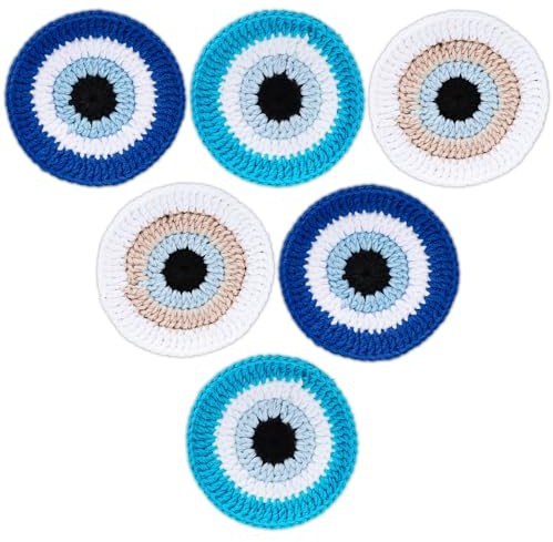 Whaline Untersetzer für Getränke, 10,4 cm, handgefertigt, gehäkelt, blau, hitzebeständig, weiß, böse Augen, rund, saugfähig, für Zuhause, Bar, Restaurant, Einweihungsgeschenke, Partyzubehör, 6 Stück