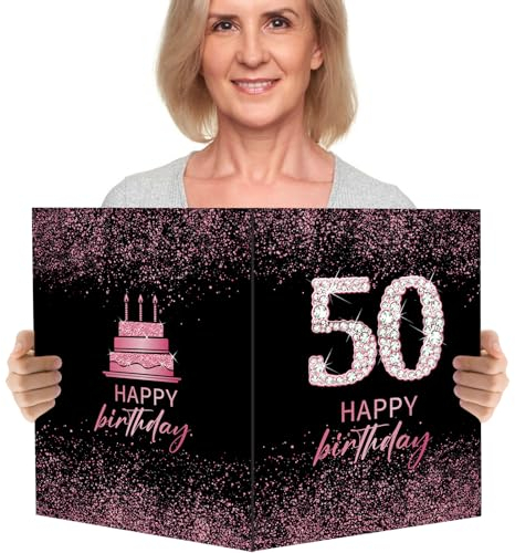BOFUNX 50. Geburtstagskarte Happy Birthday Geburtstagskarte Groß 55x35cm Rosegold Gästebuch Karten Grußkarte Geburtstag für Kinder Erwachsener Frauen Männer