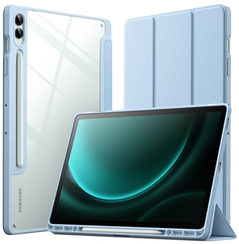 JETech Custodia per Samsung Galaxy Tab S9 FE+ / S9 FE Plus 12,4 Pollici con S Pen Holder, Chiaro Trasparente PC Rigido Retro, Protettiva Trifold Supporto Tablet Cover (Blu Chiaro)