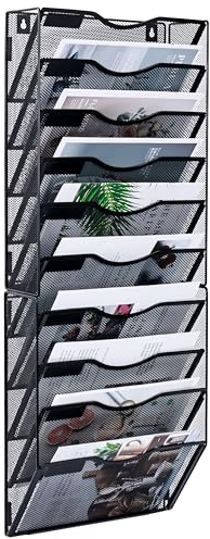 Solinxe 10-Pocket Desk Tidy Organizer, A4 Wall Mounted Document Holder, Vertical Metal Magazine Rack, Wall Hanging Storage Organiser in Tray for Office Accessories Stationery Supplies, Black