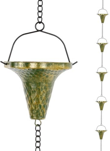 giole 3.0 m Regenkette, Regenkette für Außen mit 10 trichterförmigen Bechern, verstellbare Metallkette, Regenfängerkette für Dachrinnen, Traufen, Abflüsse, Ersatz-Fallrohre (Grün)