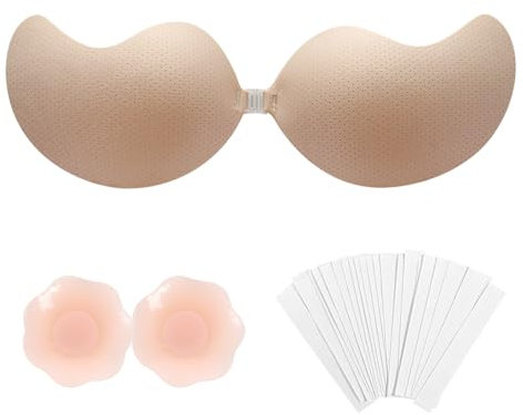 1 Paio Reggiseno Push UP Invisibile,Reggiseno Senza spalline Reggiseno Adesivo Invisibile con 1 paio di Cuscinetti per Capezzoli Riutilizzabile per Abito Sera Abito Sposa (colore della pelle, A)