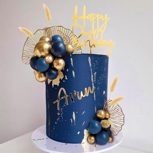 Boho Cake Topper Gold Blue Balls Cake Decorations Palm Leaves Boho Grass for Wedding Birthday Boho Themed Party Supplies (Blue)
