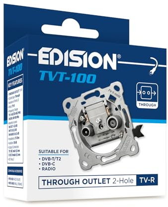 Edision Toma de Antena Universal TVT-100, Toma de Paso TV-R Empotrado 2 Conectores, Adecuado para Terrestre DVB-T/T2, Cavo DVB-C, Radio, FM, Dab+, 2 Salidas