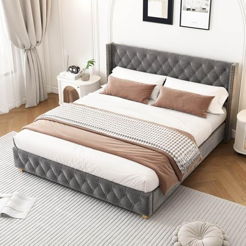 PUGSDRLY Lit Double 180x200 avec Sommier à Lattes,Lit 2 Places avec Tête Capitonné,Tissu de Velours,Design Rivets,Pieds en Bois,pour Enfant Adolescent Adulte,sans Matelas,Gris