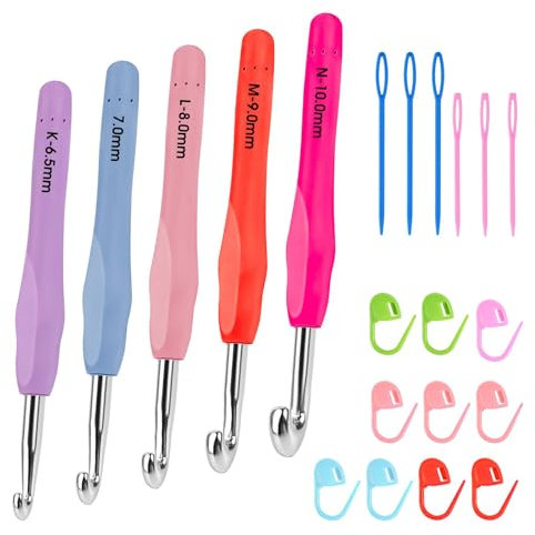 21 Pcs Ergonomic Crochet Hooks Set for Beginners & Arthritic Hands, 6.5-10mm Aluminum Large Soft Grip with Crochet Needles and Stitch Markers