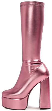 Stivali Alti Fino al Ginocchio con Plateau e Tacco Spesso e Punta Quadrata da Donna, Stivali Alti in Similpelle Slip-on, Stivali alla Moda Autunno Inverno a metà Polpaccio,Rosa,38 EU