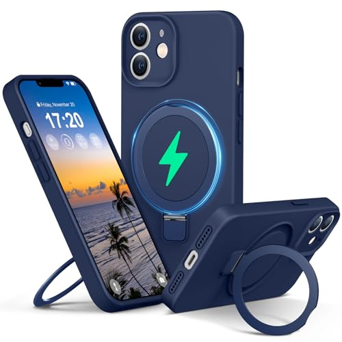 PuyaTeya Liquid Silicone Hülle für iPhone 12 mit Magnetisch Ring Ständer, Upgraded Kameraschutz Mil-Grade Drop Shockproof Weiche Anti-Scratch Microfiber Lining Silikonhülle für iPhone 12(Navy Blau