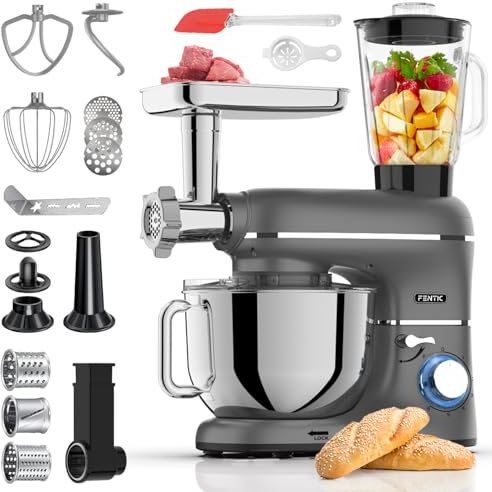 Fentic 6-in-1 Küchenmaschine – 2000W – Mit Fleischwolf, 1,5L Entsafter, Gemüseschneider und Mehr – Knetmaschine mit 6,2L Rührschüssel, Rührhaken, Knethaken, Schlagbesen und Spritzschutz (Anthrazit)
