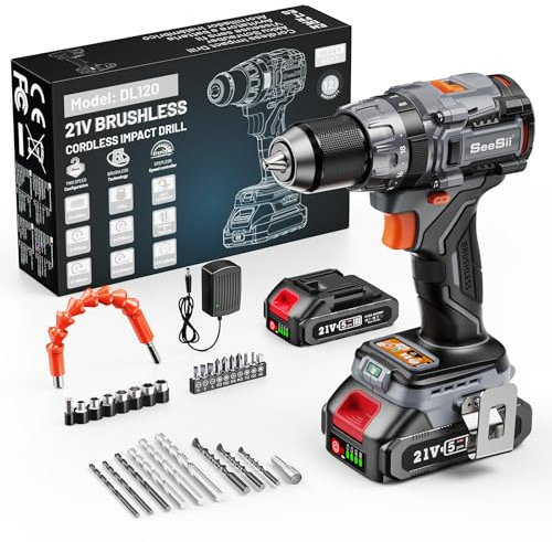 Seesii Avvitatore a batteria da 120 N.m, set di avvitatore a batteria da 21 V, con 2 batterie da 2,0 Ah, 20 + 3 livelli di coppia, trapano a batteria, motore brushless, 3 modalità, 2 marce, luce LED,