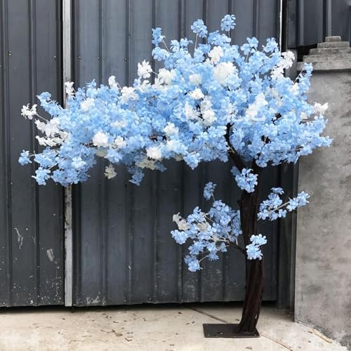 Decoración De Flor De Cerezo,Árbol De Paisaje De Flores Artificiales Grandes En Flor,Pétalos De Múltiples Capas Azules Y Blancos Plantas Falsas De Cerezo Llorón,Decoración De Ambiente Interior Y Exter