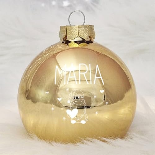 Personalisierte Weihnachtskugel mit eigenem Namen aus Echtglas, 8 cm (02_Gold, Wichtel)