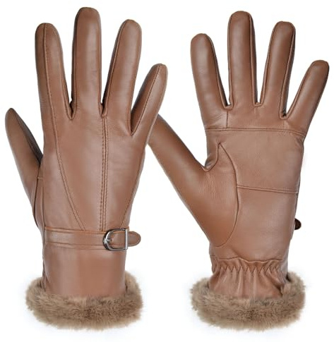 Harssidanzar Damen Lederhandschuhe Winter Thermo handschuhe Kleid Lederhandschuhe SL022EU,Cognac,Größe L