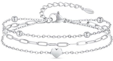Armband Damen mit Herz Anhänger, Armbänder aus 18K Vergoldet Edelstahl, Damenarmband für Mama Ehefrau Freundin, Dreifach Herzarmband Armkette Freundinnen Geschenk für Geburtstag Muttertag (Silber)
