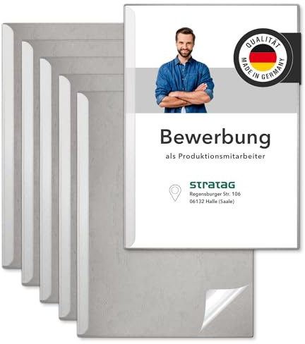STRATAG Klemmschienen-Bewerbungsset Start Basic (Grau, 3 Stück) mit transparentem Deckel aus PP Kunststoff sowie Binderücken aus robustem 290 g/m² Karton Lederstruktur (3 Bewerbungsmappen Grau)