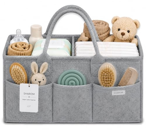 SHAROM Nappy Caddy Organiser. Sturdy & Portable Baby Diaper Cady with 3 Big Adjustable Compartments & 8 Big Pockets For Storage. Washable Diaper Caddy for Newborn Essentials,34*22*18 cm (Dark Grey)