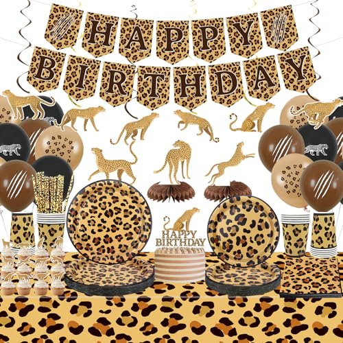Cheetah Birthday Decorations Leopard Print Party Supplies Including Happy Birthday Banner Cake Toppers Hanging Swirls Tableware Tablecloth Balloons for Jungle Safari Print Party Baby Shower Serves 20