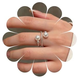 Inateannal Vintage Offener Perlenring Silber Verstellbar Knöchel Fingerringe Weiße Perlen Ehering Schmuck für Frauen