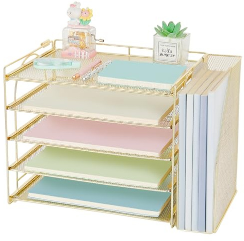AUPSEN Gold Desk Accessories Organizer,5-Tier Letter Tray Paper Organizer with Adjustable File Holder, Desktop Office Desk Accessories for Office Supplies