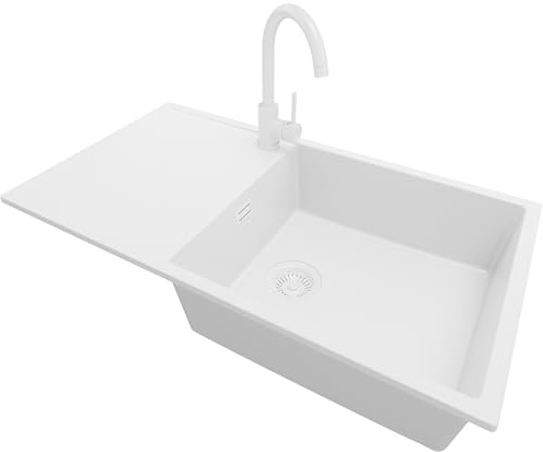 PRIMAGRAN Granitspüle ab 60er Unterschrank + Küchenarmatur, 90x50cm | Set: Küchenarmatur BW5010 + Ablauf-Set (Siphon, Ablaufgarnitur, Überlauf) + Spülbecken 1 Becken - Ibiza , Alles Weiß