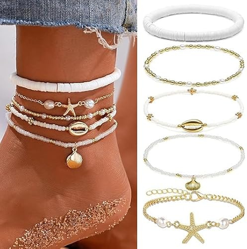 BelleVive Ensemble de 5 Bracelets de Cheville bohèmes pour Femmes, Perles 14 carats, Fait à la Main, Ajustable, Plage hawaïenne, Coquillage, étoile de mer, Bijoux de Pied, Cadeaux