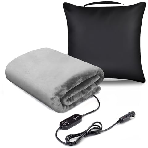 WODHMIEY Elektrische Auto-Heizdecke 12V/24V Reisedecke mit 3 Heizstufen & Timer, Waschbare Flanell-Heizdecke mit 2 m Kabel & Nappaleder-Aufbewahrungstasche als Kissen für Auto, LKW, Reisen 150x110 cm