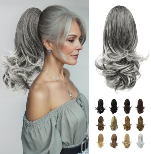 Sofeiyan Clip in Ponytail,13 Inch Claw Clip Ponytail Hair Extensions | Wavy Layered Fake Pony Tails,Synthetic Pony Tail Hairpiece for Women for Daily Party,Grey & White