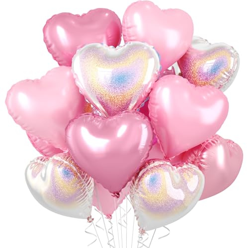 Pink and Silver Heart Balloons, 10 Pcs Pink Laser Silver Heart Shaped Balloon, 18 Inch Metallic Glitter Stars Foil Balloons for Girls Women Princess Brithday Baby Shower Valentines Party Decorations
