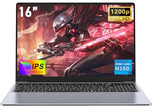 NAIKLULU 16 Pollici 2025 Computer Portatile Processor N150(1,2 a 3,6 GHz), RAM 16GB SSD 1TB PC Portatile Laptop 2025 Notebook, 1920x1200P/Tastiera Completa Retroilluminata/Webcam/6000Mah