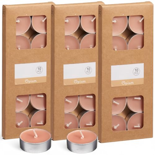 MIJOMA Farbige Teelichter 30 Stück – Set mit 3 Packungen – je 4h Brenndauer – Dekokerzen im Kraftkarton – Stimmungslicht für Zuhause & Events (Rosa)