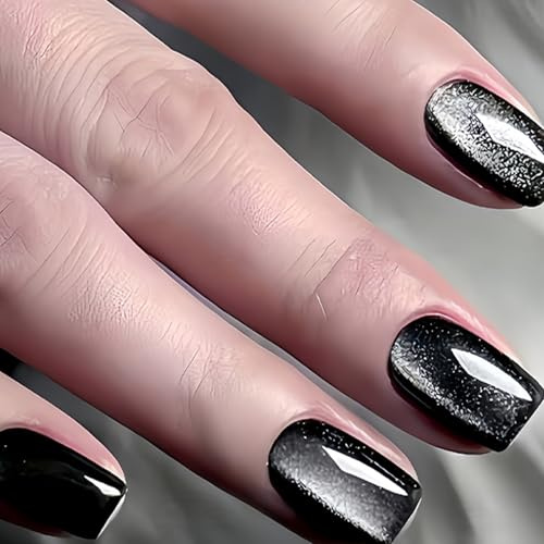 Ceboic 24Pcs Black Cat Eye Press on Nails, French Short Square False Nails, Solid Color Acrylic Glossy Full Cover Fake Nail, Elegant Reusable Stick on Nails for Women Girls Manicure Decorations