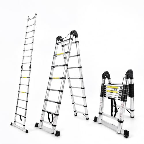 Arstheco Telescopic Ladder 5M(2.5+2.5), Multi-Purpose Stainless Steel FoldableLadder, A-Frame Step Ladder With Anti-Slip Feet Safety Lock,150kg/330lb Max Load for Loft and Outdoor Use