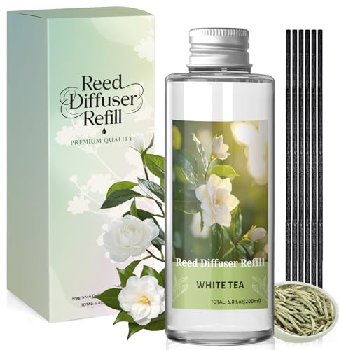 Scent-Hi Reed Diffuser Refill 200ml, White Tea Scented Refill with 6 Reed Sticks, Long-Lasting Home Fragrance Decor for Living Room, Bedroom, Office