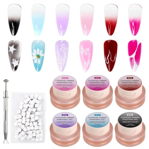 MUUQANYU Patting Gel Nail Polish, 6 Colors Ombre Painting Nail Polish Set with Grabbing Pen & 100 Sponges Special Mesh Design for Precise Dip Control, Soak off UV/LED Aura Nails for DIY Nail Art