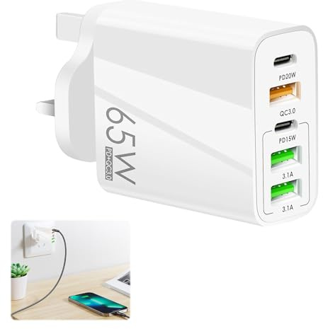 65W 5-Port USB Fast Charger,Multi-Port Quick Charge Adapter,USB Plug Charger,for Iphone/Samsung/Huawei/Tablet,Wall Plug Multi 65W Fast Charging Plug(White)