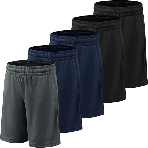 YOIOWVY 5-pack pojkar sportshorts andningsbara avslappnade shorts för löpning, basket och fotboll snabbtorkande, lätta funktionella shorts med fickor