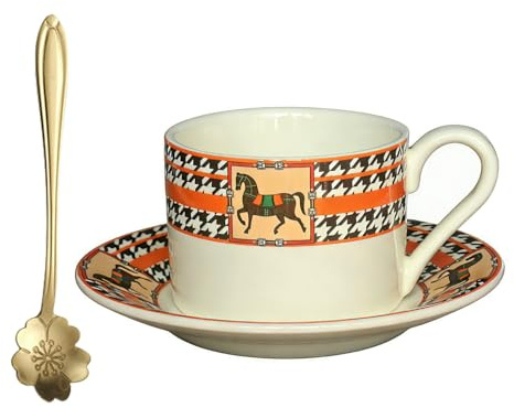 Vintage Coffee Cups&Saucer Set, British Equestrian Horse Houndstooth Pattern Ceramic Mugs With Saucers And Spoons, 260ml Large Espresso Latte Tea Cups, Cappuccino Mugs,Dishwasher Microwave Safe