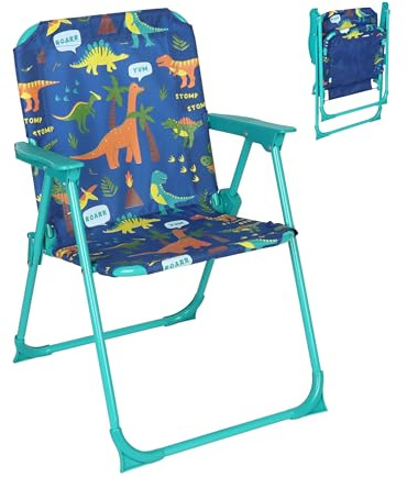 Relaxdays Kinder Klappstuhl, Campingstuhl mit Dino-Motiv, HBT: 51,5x36x37,5 cm, Picknickstuhl Outdoor, Faltstuhl, bunt