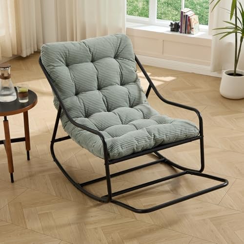 LIFEISLE Schaukelstuhl Loungesessel ohne Armlehnen, Lesenstuhl Relaxstuhl mit Metalrahmen, Stuhl drinnen & draußen für Wohnzimmer Balkon Garten, Cord Grün