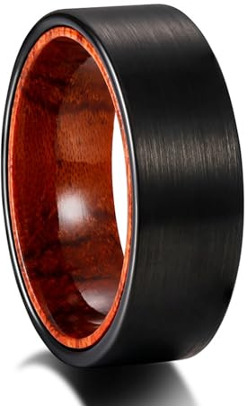 Lirzxin Wolfram Ring Ehering Herren, Hochzeitsringe Verlobungsringe Trauringe Partnerringe Freundschaftsringe Herren 8MM Breit Matt und Innenliegende Holzoptik Ringe Geburtstag