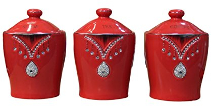 RED TEA COFFEE SUGAR CANISTERS CRYSTAL BLING STORAGE JARS SET OF 3 WITH SPARKLING DIAMANTE ELEMENTS