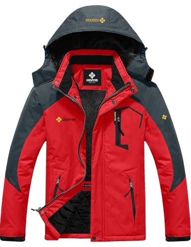 GEMYSE Herren Berg-Skijacke Wasserdicht Winddicht mit Kapuze Fleece Outdoor Winterjacke (Rotgrau,XL)